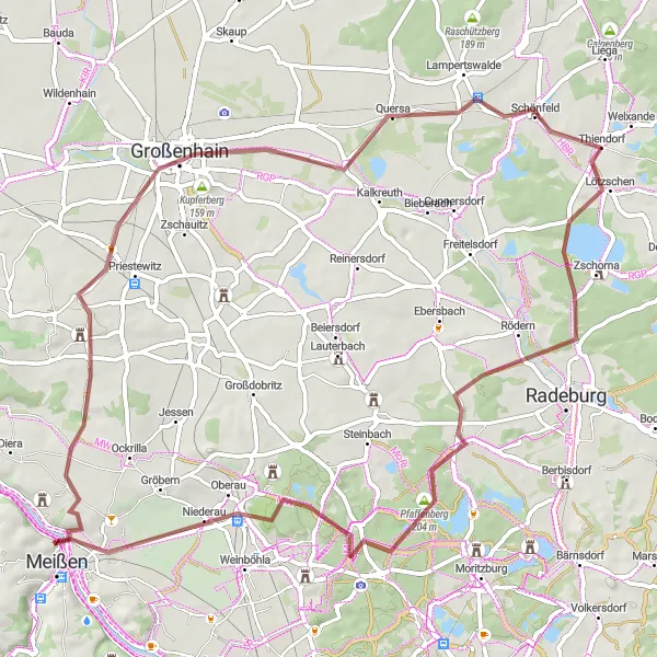 Map miniature of "Through Lenzberg and Bärwalde to Großenhain and Schönfeld" cycling inspiration in Dresden, Germany. Generated by Tarmacs.app cycling route planner