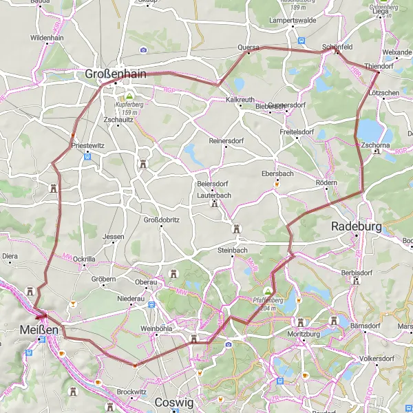 Map miniature of "Thiendorf Gravel Adventure" cycling inspiration in Dresden, Germany. Generated by Tarmacs.app cycling route planner