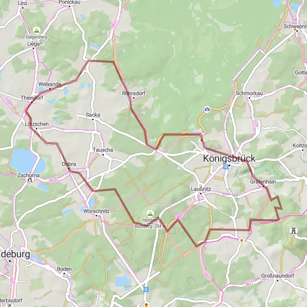 Map miniature of "Scenic Gravel Ride near Thiendorf" cycling inspiration in Dresden, Germany. Generated by Tarmacs.app cycling route planner
