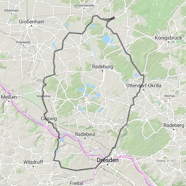 Karten-Miniaturansicht der Radinspiration "Radtour durch die Dörfer um Thiendorf" in Dresden, Germany. Erstellt vom Tarmacs.app-Routenplaner für Radtouren