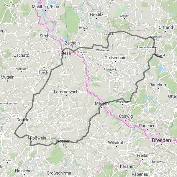 Map miniature of "Road Cycling Expedition from Thiendorf" cycling inspiration in Dresden, Germany. Generated by Tarmacs.app cycling route planner