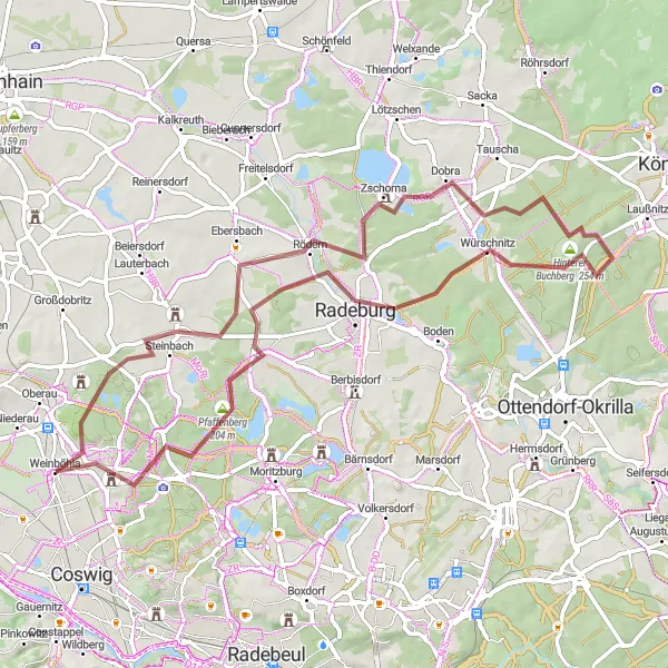 Map miniature of "Gravel Hills and Towers" cycling inspiration in Dresden, Germany. Generated by Tarmacs.app cycling route planner
