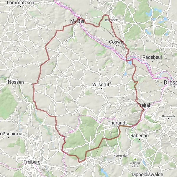 Karten-Miniaturansicht der Radinspiration "Ausgedehnte Gravel-Tour durch Coswig und Tharandt" in Dresden, Germany. Erstellt vom Tarmacs.app-Routenplaner für Radtouren