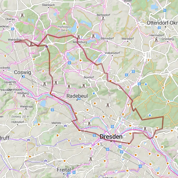 Map miniature of "Adventure Through Gravel and Forests" cycling inspiration in Dresden, Germany. Generated by Tarmacs.app cycling route planner