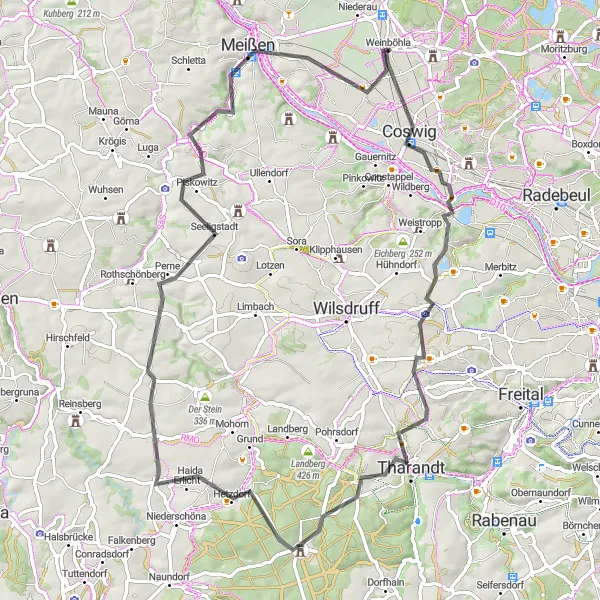 Karten-Miniaturansicht der Radinspiration "Road-Tour um Weinböhla" in Dresden, Germany. Erstellt vom Tarmacs.app-Routenplaner für Radtouren