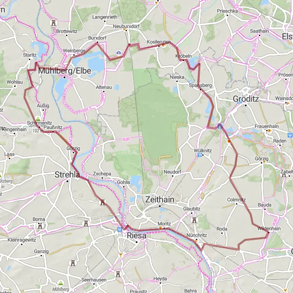 Map miniature of "The Wildenhain Gravel Adventure" cycling inspiration in Dresden, Germany. Generated by Tarmacs.app cycling route planner