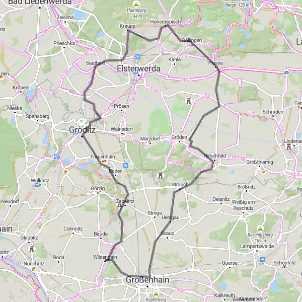 Map miniature of "Gröditz to Großenhain Road Cycling Route" cycling inspiration in Dresden, Germany. Generated by Tarmacs.app cycling route planner