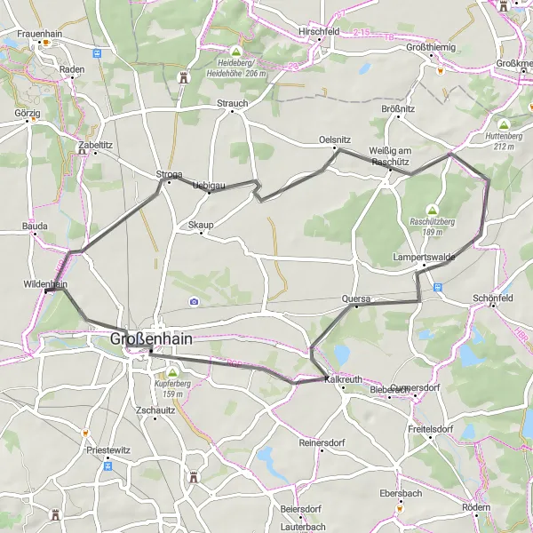 Map miniature of "Wildenhain to Großenhain Road Cycling Route" cycling inspiration in Dresden, Germany. Generated by Tarmacs.app cycling route planner