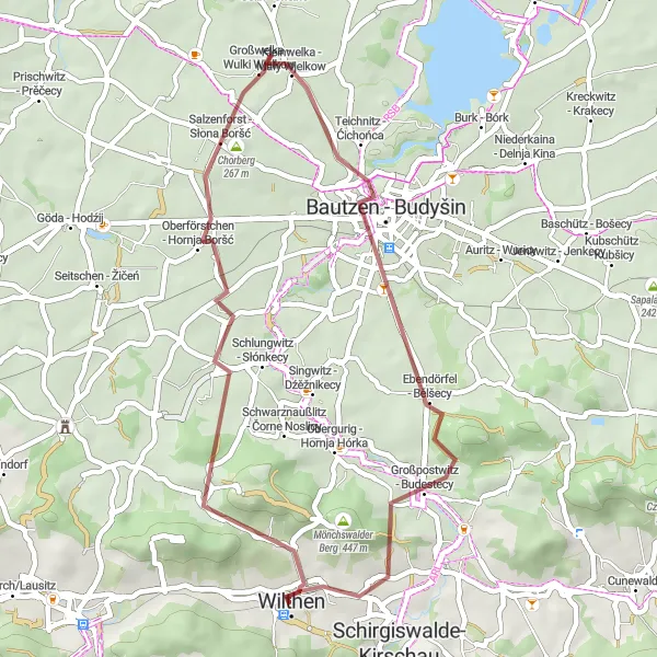 Map miniature of "Gravel Adventure through Arnsdorf and Warnoćicy" cycling inspiration in Dresden, Germany. Generated by Tarmacs.app cycling route planner