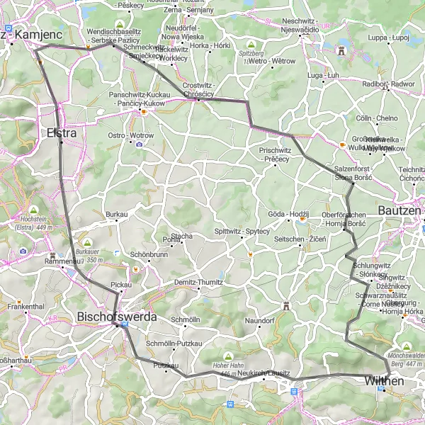 Map miniature of "Road Cycling Adventure through Steinberg and Putzkau" cycling inspiration in Dresden, Germany. Generated by Tarmacs.app cycling route planner