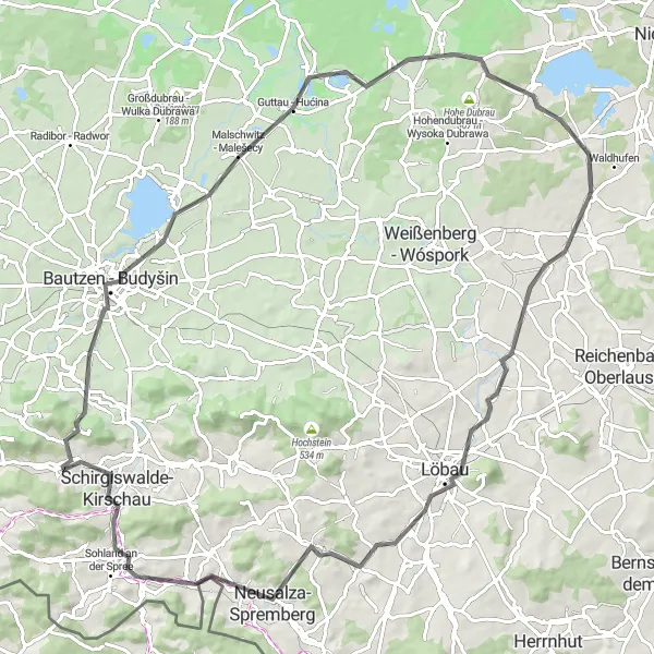 Map miniature of "Road Cycling Adventure through Bautzen - Budyšin and Weinberg" cycling inspiration in Dresden, Germany. Generated by Tarmacs.app cycling route planner