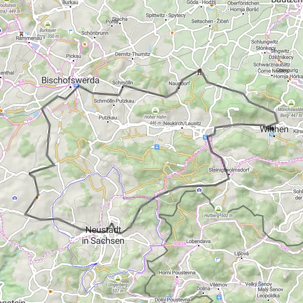 Map miniature of "Road Cycling Route around Wilthen" cycling inspiration in Dresden, Germany. Generated by Tarmacs.app cycling route planner