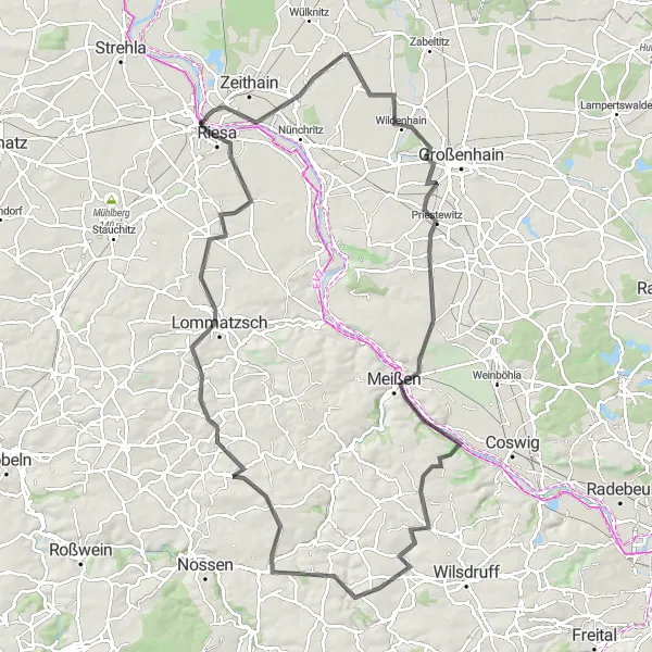 Map miniature of "Meissen and Riesa Loop" cycling inspiration in Dresden, Germany. Generated by Tarmacs.app cycling route planner