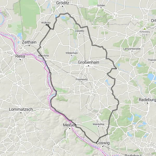 Map miniature of "Wülknitz and beyond by road" cycling inspiration in Dresden, Germany. Generated by Tarmacs.app cycling route planner