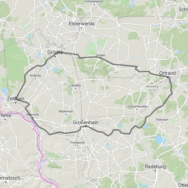 Map miniature of "Großkmehlen and Großenhain Circuit" cycling inspiration in Dresden, Germany. Generated by Tarmacs.app cycling route planner