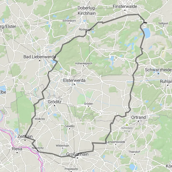 Map miniature of "Zeithain Loop" cycling inspiration in Dresden, Germany. Generated by Tarmacs.app cycling route planner