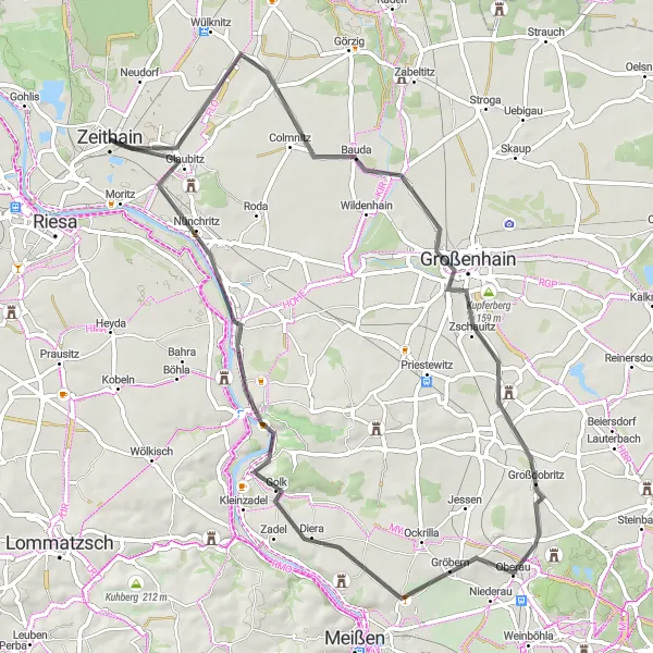 Map miniature of "Zeithain Highlights" cycling inspiration in Dresden, Germany. Generated by Tarmacs.app cycling route planner