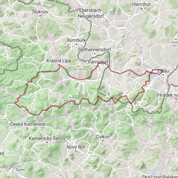 Map miniature of "Jonsdorf Adventure via Stožecké sedlo" cycling inspiration in Dresden, Germany. Generated by Tarmacs.app cycling route planner