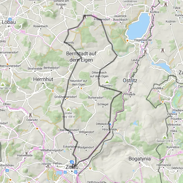 Map miniature of "Zittau to Bernstadt auf dem Eigen Road Cycling Route" cycling inspiration in Dresden, Germany. Generated by Tarmacs.app cycling route planner