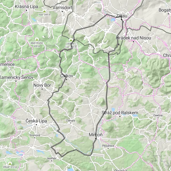 Karten-Miniaturansicht der Radinspiration "Straßenfahrt durch die Naturwunder um Zittau" in Dresden, Germany. Erstellt vom Tarmacs.app-Routenplaner für Radtouren