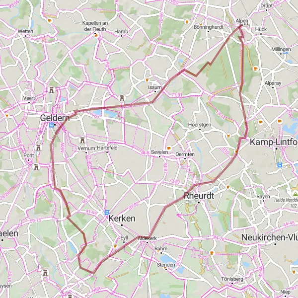 Map miniature of "Hidden Gems of Alpen" cycling inspiration in Düsseldorf, Germany. Generated by Tarmacs.app cycling route planner