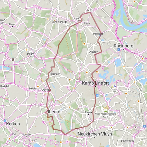 Karten-Miniaturansicht der Radinspiration "Gravel Tour rund um Alpen" in Düsseldorf, Germany. Erstellt vom Tarmacs.app-Routenplaner für Radtouren