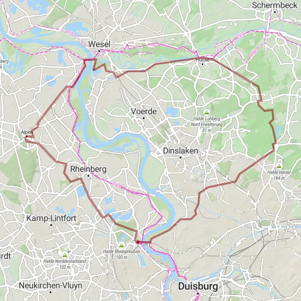 Map miniature of "Wesel Gravel Adventure" cycling inspiration in Düsseldorf, Germany. Generated by Tarmacs.app cycling route planner