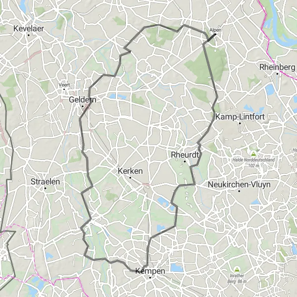 Map miniature of "The Niers-Alpen Loop" cycling inspiration in Düsseldorf, Germany. Generated by Tarmacs.app cycling route planner