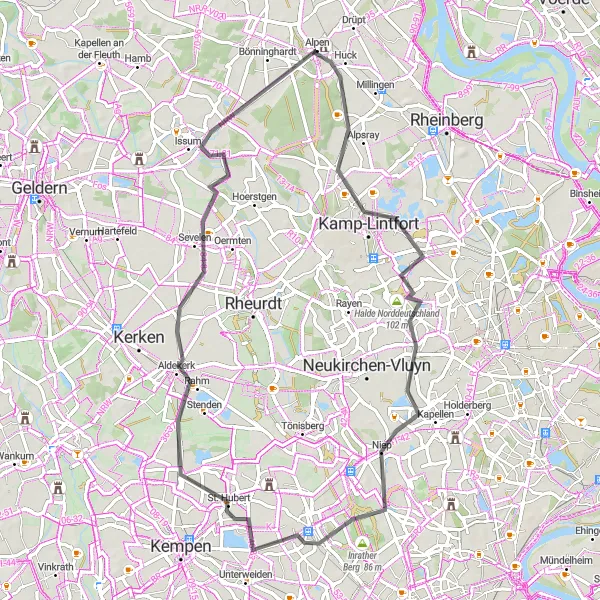 Map miniature of "Alpen Loop" cycling inspiration in Düsseldorf, Germany. Generated by Tarmacs.app cycling route planner