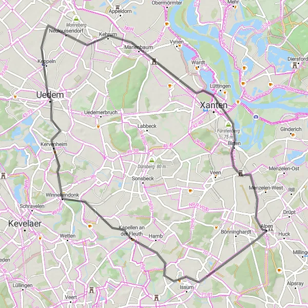 Map miniature of "Xanten Road Route" cycling inspiration in Düsseldorf, Germany. Generated by Tarmacs.app cycling route planner