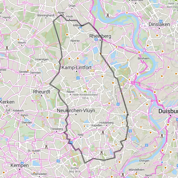 Map miniature of "Scenic Road Loop" cycling inspiration in Düsseldorf, Germany. Generated by Tarmacs.app cycling route planner