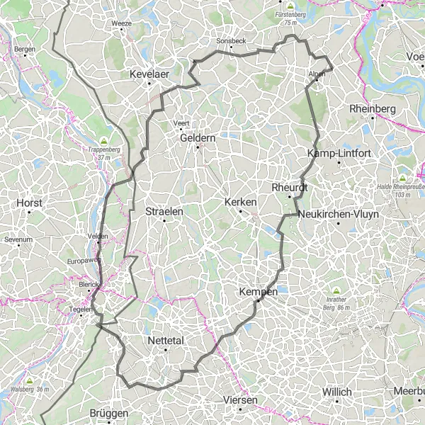 Map miniature of "Niederrhein Road Adventure" cycling inspiration in Düsseldorf, Germany. Generated by Tarmacs.app cycling route planner