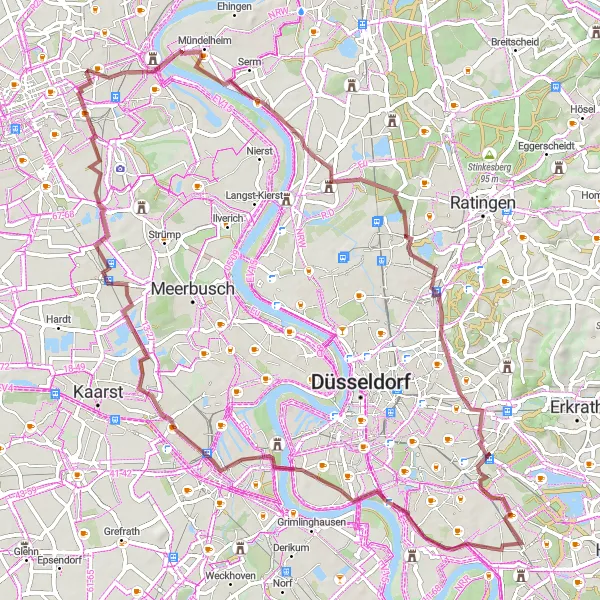 Karten-Miniaturansicht der Radinspiration "Gravel-Abenteuer am Rhein" in Düsseldorf, Germany. Erstellt vom Tarmacs.app-Routenplaner für Radtouren