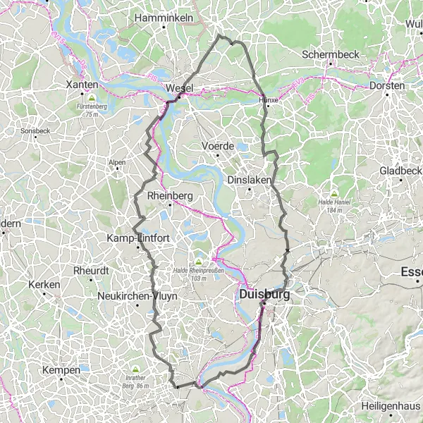 Map miniature of "The Wesel Adventure" cycling inspiration in Düsseldorf, Germany. Generated by Tarmacs.app cycling route planner