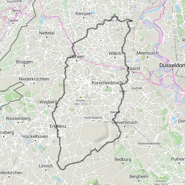 Karten-Miniaturansicht der Radinspiration "Rundfahrt um Düsseldorf mit historischen Highlights" in Düsseldorf, Germany. Erstellt vom Tarmacs.app-Routenplaner für Radtouren