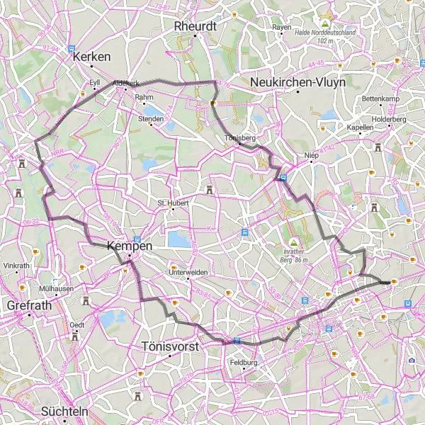 Karten-Miniaturansicht der Radinspiration "Kulturreiche Rundfahrt durch den Niederrhein" in Düsseldorf, Germany. Erstellt vom Tarmacs.app-Routenplaner für Radtouren