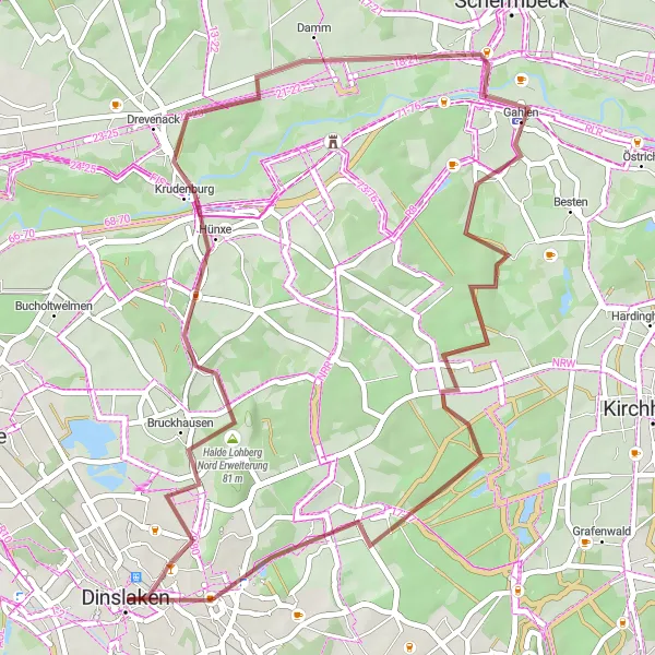 Map miniature of "Gravel Adventure through Dinslaken" cycling inspiration in Düsseldorf, Germany. Generated by Tarmacs.app cycling route planner