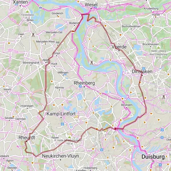 Map miniature of "Historical Gravel Trail around Dinslaken" cycling inspiration in Düsseldorf, Germany. Generated by Tarmacs.app cycling route planner