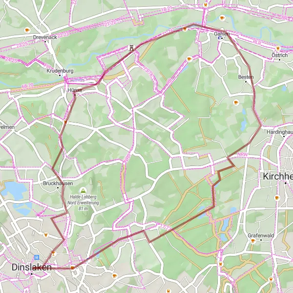 Map miniature of "Scenic Gravel Loop from Dinslaken" cycling inspiration in Düsseldorf, Germany. Generated by Tarmacs.app cycling route planner