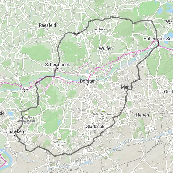Map miniature of "Challenging Road Tour from Dinslaken" cycling inspiration in Düsseldorf, Germany. Generated by Tarmacs.app cycling route planner
