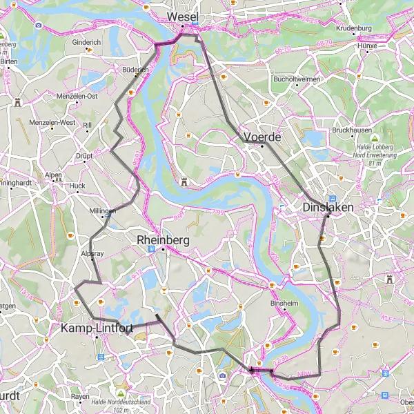 Map miniature of "Picturesque Road Loop around Dinslaken" cycling inspiration in Düsseldorf, Germany. Generated by Tarmacs.app cycling route planner