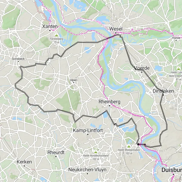 Karten-Miniaturansicht der Radinspiration "Wesel-Runde" in Düsseldorf, Germany. Erstellt vom Tarmacs.app-Routenplaner für Radtouren