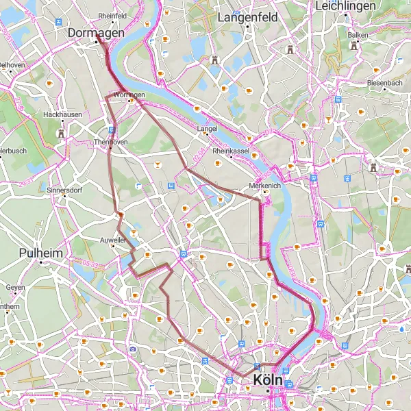 Map miniature of "Scenic Gravel Tour with Dormagen as the Starting Point" cycling inspiration in Düsseldorf, Germany. Generated by Tarmacs.app cycling route planner