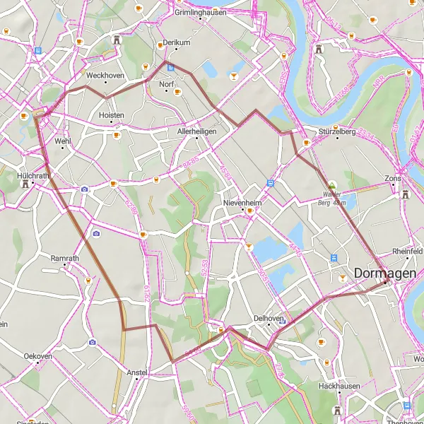 Map miniature of "Gravel Tour Around Dormagen" cycling inspiration in Düsseldorf, Germany. Generated by Tarmacs.app cycling route planner