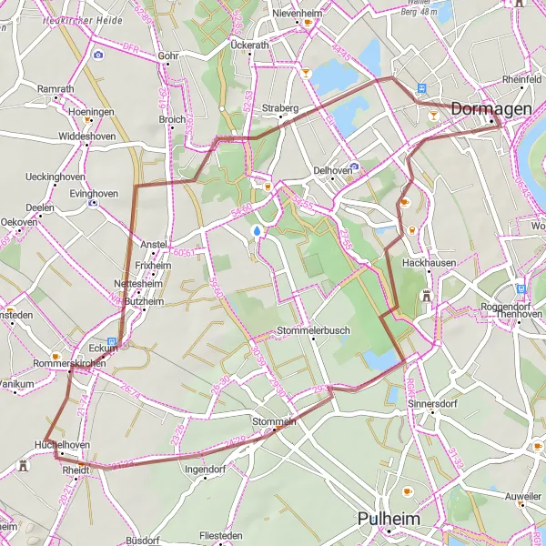 Map miniature of "Scenic Gravel Ride from Dormagen" cycling inspiration in Düsseldorf, Germany. Generated by Tarmacs.app cycling route planner