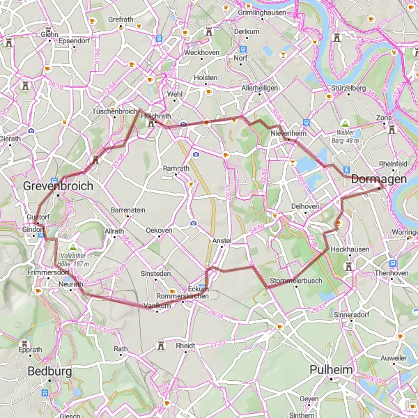 Map miniature of "Discover Hidden Gems: Dormagen to Grevenbroich" cycling inspiration in Düsseldorf, Germany. Generated by Tarmacs.app cycling route planner