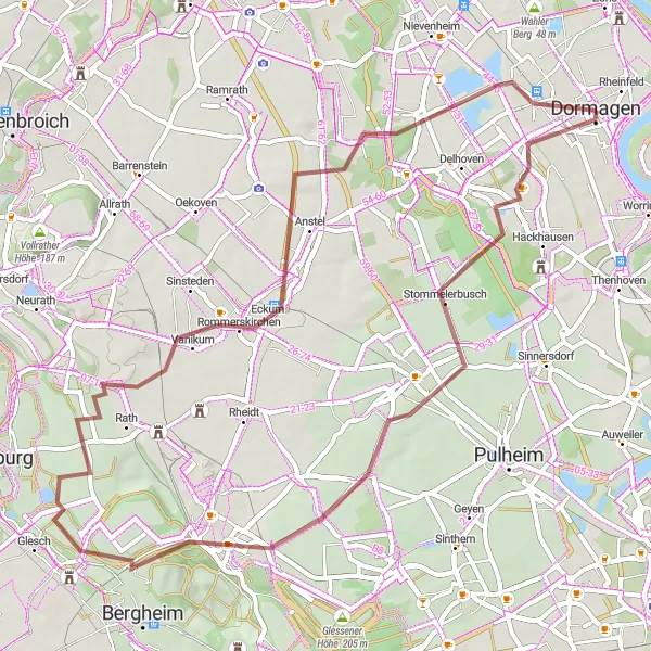 Map miniature of "Panoramic Gravel Ride near Dormagen" cycling inspiration in Düsseldorf, Germany. Generated by Tarmacs.app cycling route planner