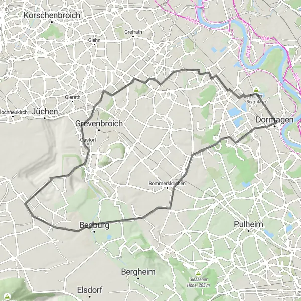 Map miniature of "Classic Road Ride from Dormagen" cycling inspiration in Düsseldorf, Germany. Generated by Tarmacs.app cycling route planner