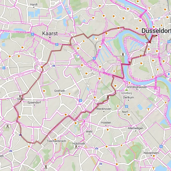 Karten-Miniaturansicht der Radinspiration "Gravel Tour von Düsseldorf nach Heerdt" in Düsseldorf, Germany. Erstellt vom Tarmacs.app-Routenplaner für Radtouren