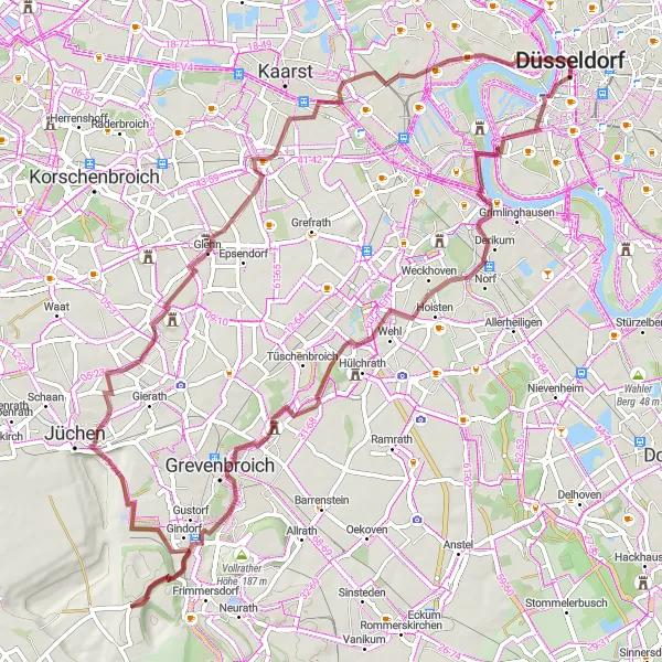 Karten-Miniaturansicht der Radinspiration "Erkundungstour von Düsseldorf nach Heerdt" in Düsseldorf, Germany. Erstellt vom Tarmacs.app-Routenplaner für Radtouren